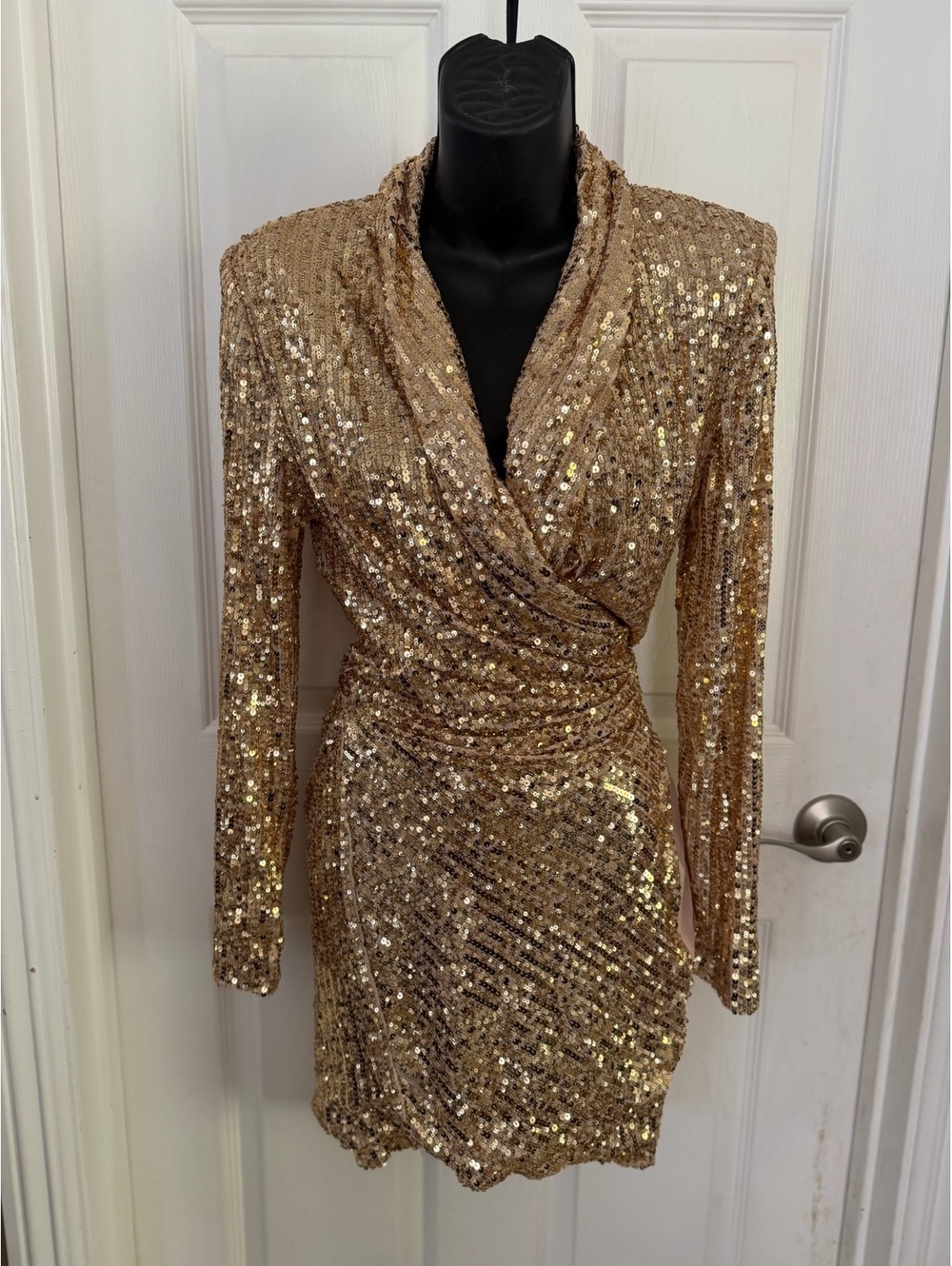 Zara Gold Sequin Long Sleeve Wrap Dress Size S